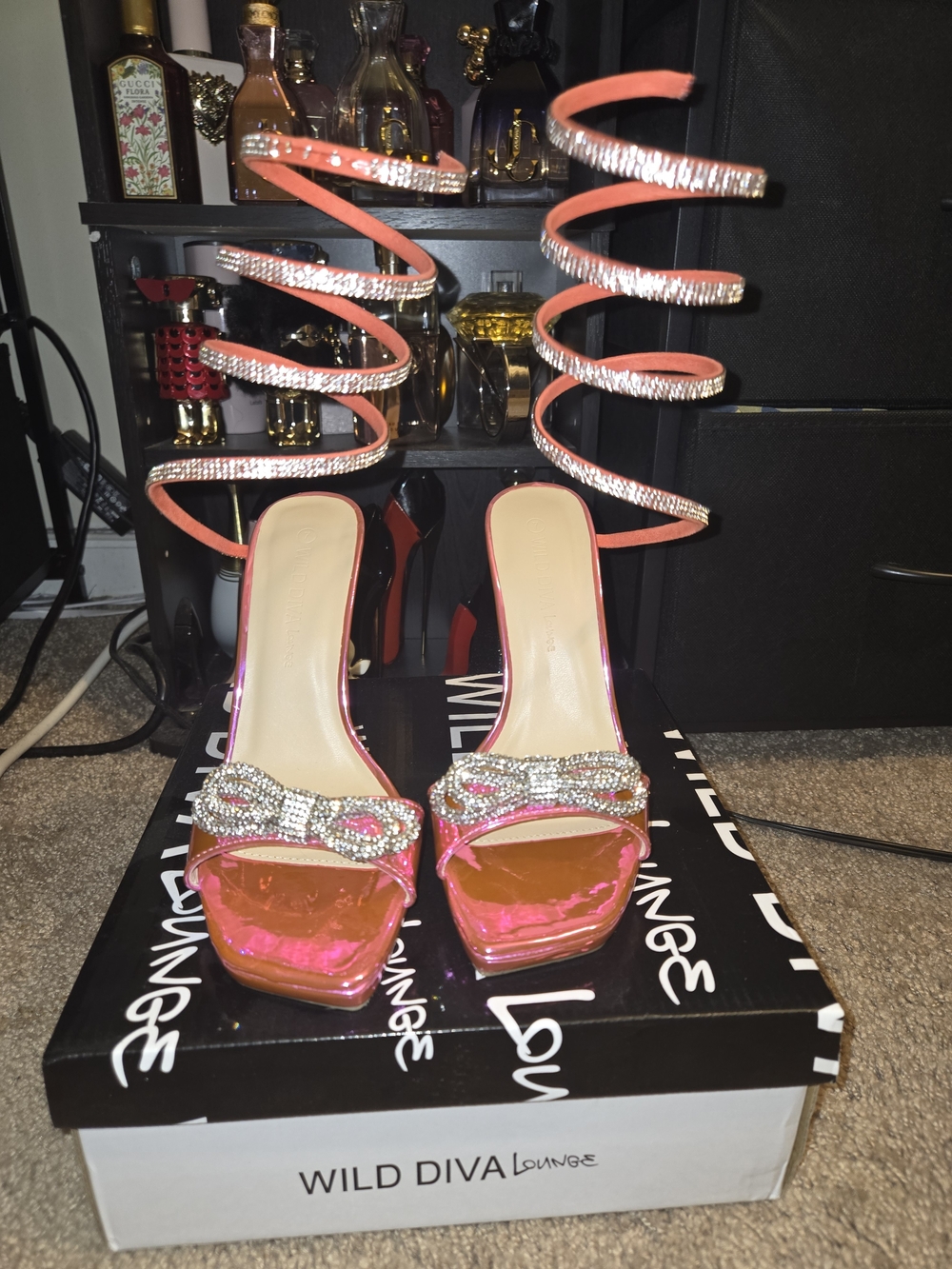 Wild Diva Pink Rhinestone Spiral Strap Heels